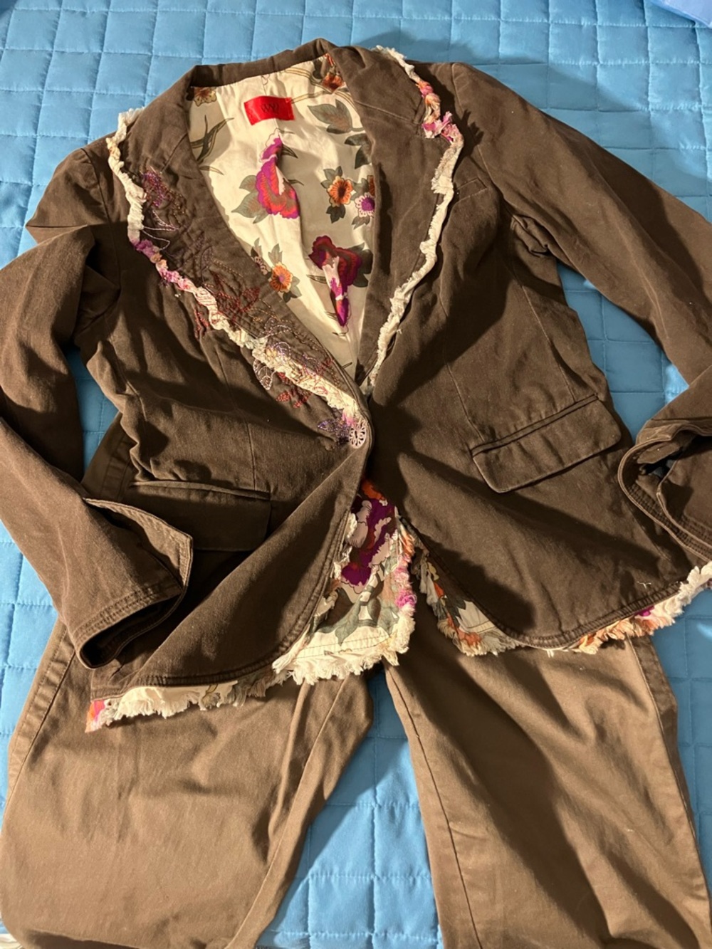 Women's Brown Embroidered Trim Blazer Jacket